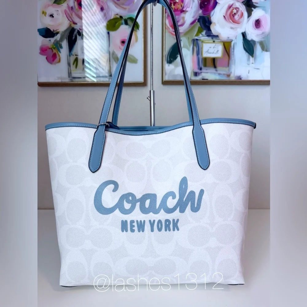 COACH Bag City Tote with Coach Graphic - White Blue - Picture 2 of 8